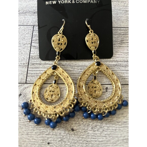 New York & Company Dangle Drop Earrings Gold Tone Blue Beads Fashion Jewelry - Picture 4 of 5